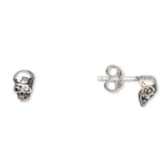 Tiny Sterling Silver Skull Post Earrings - Picture 2 of 7